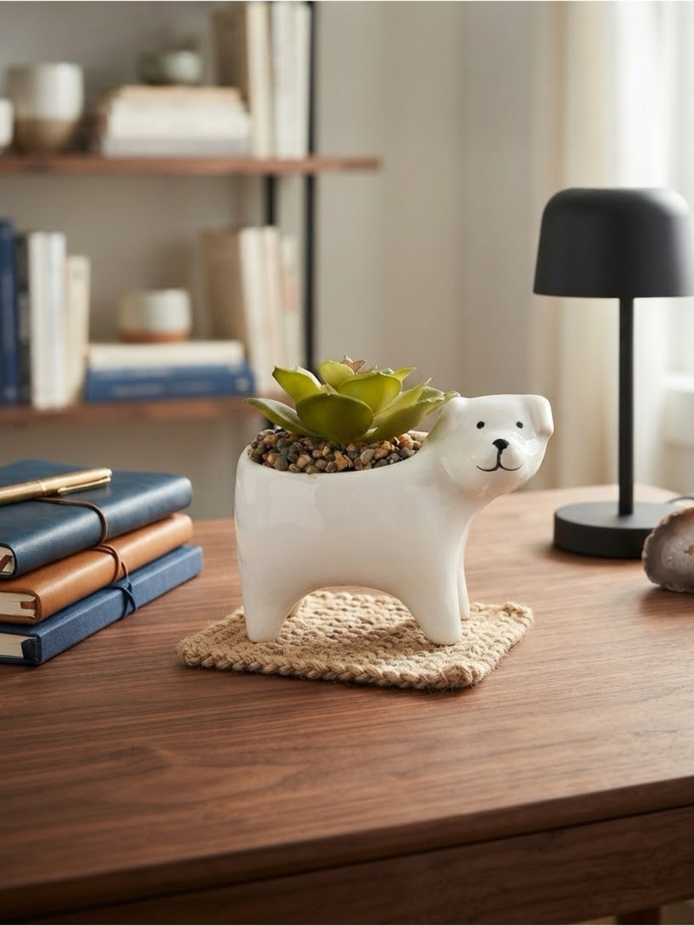 Ceramic Dog Planter with Faux Succulent - White